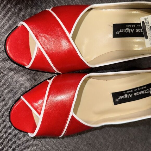 Etienne Aigner Red/White Peep Toe Slip On Thick Block Heel Leather Size 8.5 M - Picture 14 of 16